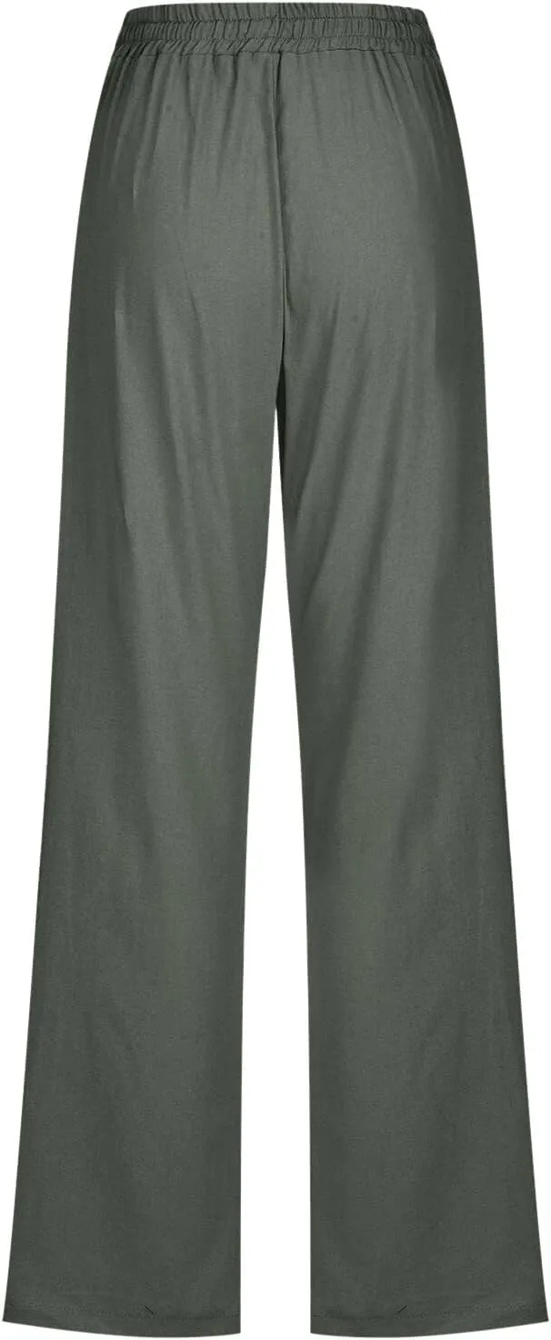 Women's Cotton Linen Summer Flowy Palazzo Pants Elastic Waisted Lounge Pants Slim Fit Palazzo Lounge Pants Vacation