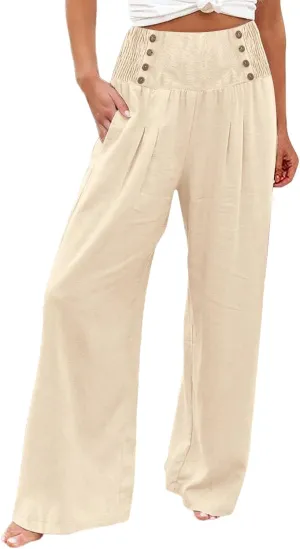 Womens Cotton Linen Summer Flowy Pants High Waist Wide Leg Slim Fit Palazzo Pants Travel
