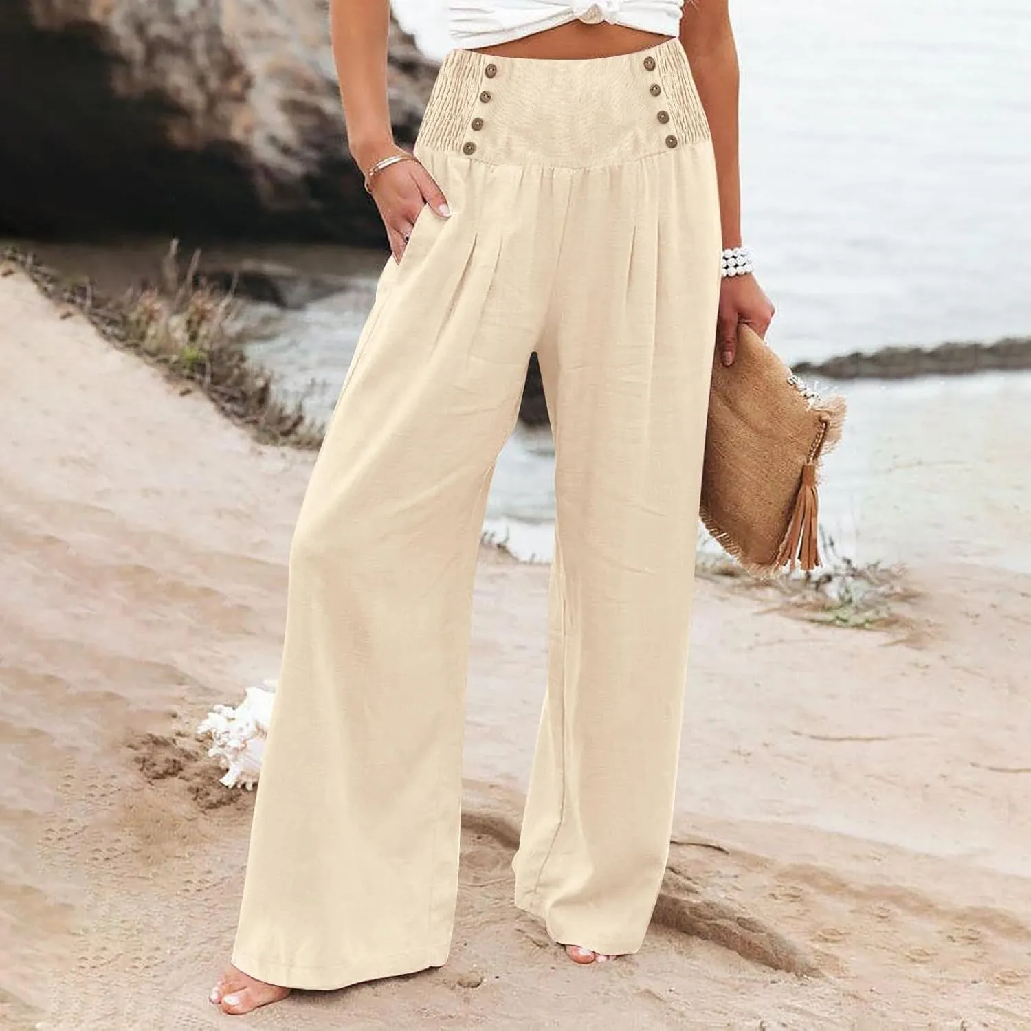 Womens Cotton Linen Summer Flowy Pants High Waist Wide Leg Slim Fit Palazzo Pants Travel