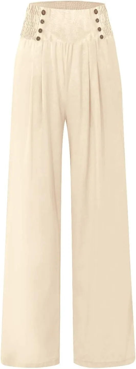 Womens Cotton Linen Summer Flowy Pants High Waist Wide Leg Slim Fit Palazzo Pants Travel