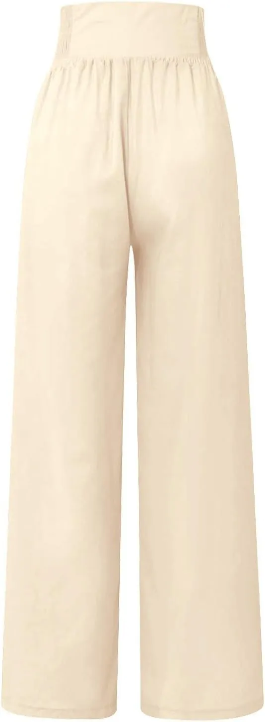 Womens Cotton Linen Summer Flowy Pants High Waist Wide Leg Slim Fit Palazzo Pants Travel