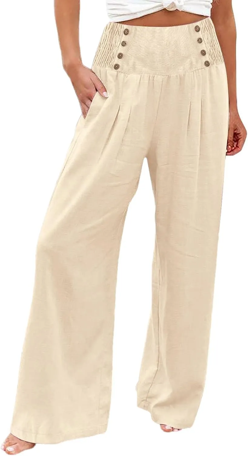 Womens Cotton Linen Summer Flowy Pants High Waist Wide Leg Slim Fit Palazzo Pants Travel