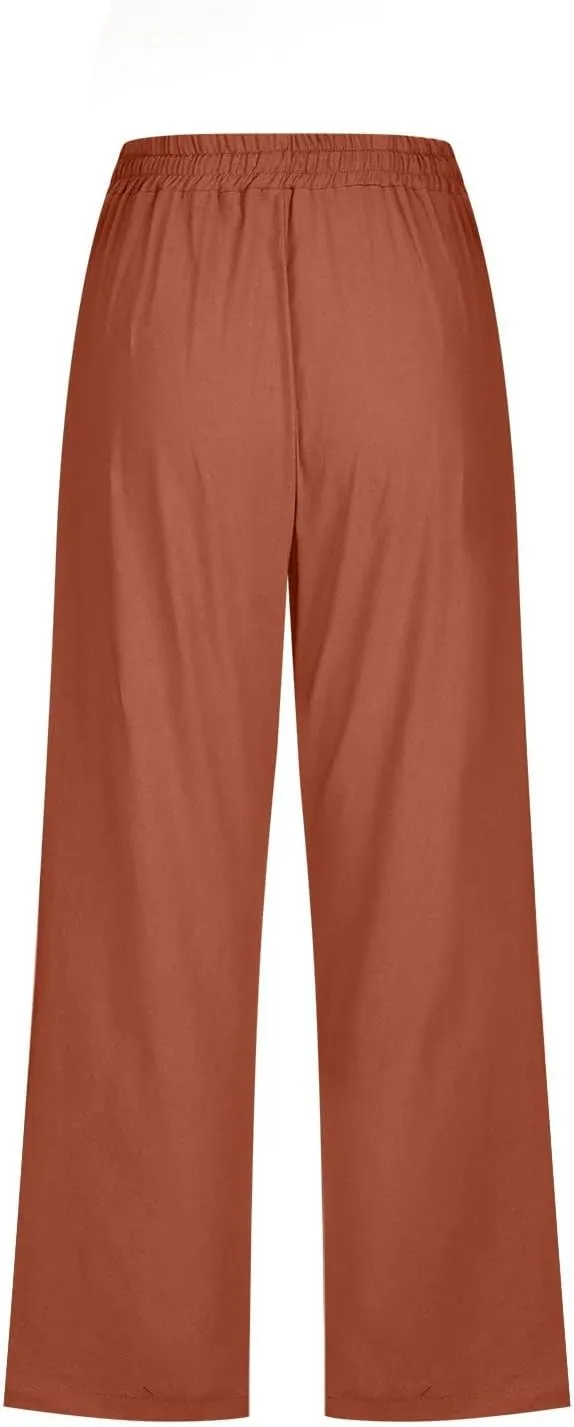 Womens Cotton Linen Summer Letter Patched Palazzo Pants Elastic Waisted Stretchy Straight Slim-Fit Pants Vacation