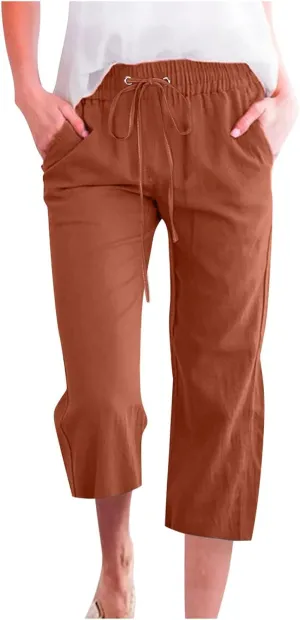 Womens Cotton Linen Summer Letter Patched Palazzo Pants Elastic Waisted Stretchy Straight Slim-Fit Pants Vacation
