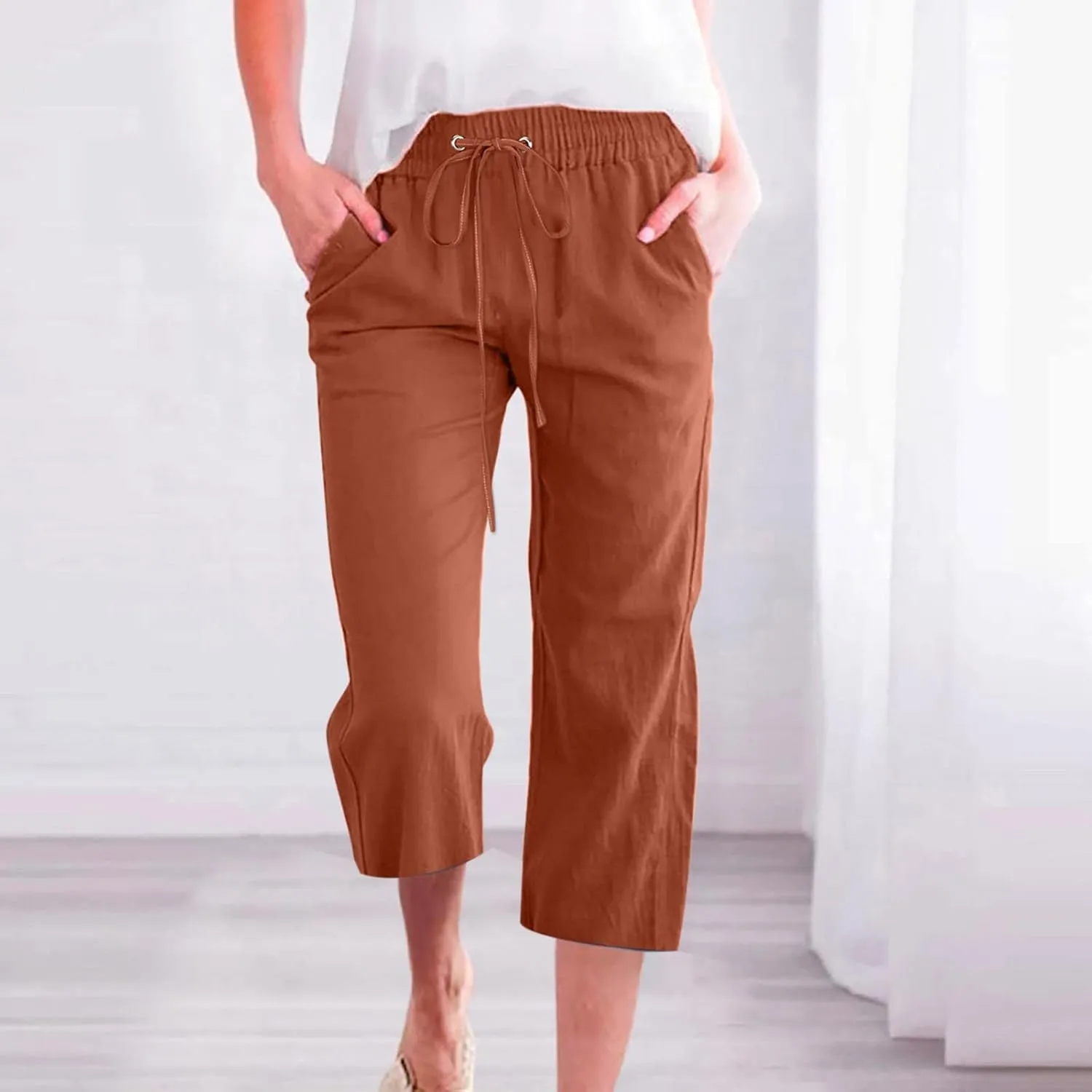Womens Cotton Linen Summer Letter Patched Palazzo Pants Elastic Waisted Stretchy Straight Slim-Fit Pants Vacation
