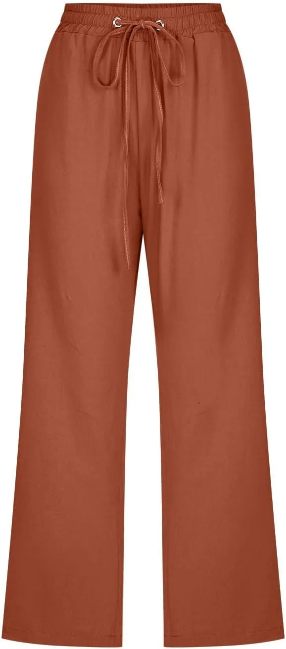 Womens Cotton Linen Summer Letter Patched Palazzo Pants Elastic Waisted Stretchy Straight Slim-Fit Pants Vacation