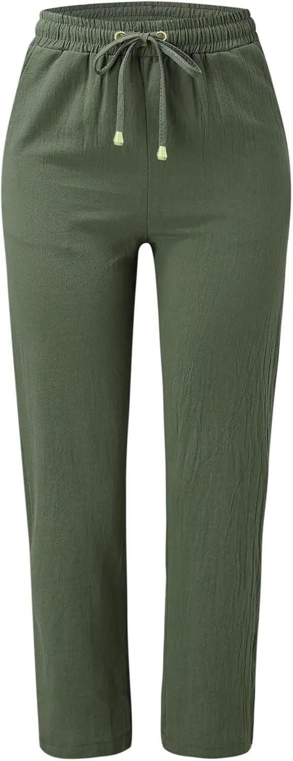 Womens Cotton Linen Summer Lightweigt Palazzo Pants High Waist Long Lounge Slim-Fit Pants Trendy