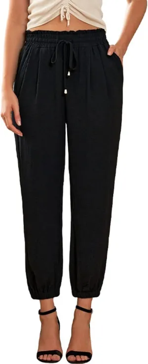 Womens Cotton Linen Summer Loose Flowy Palazzo Pants Elastic Waist Stretchy Loose Fit Trousers Work Business