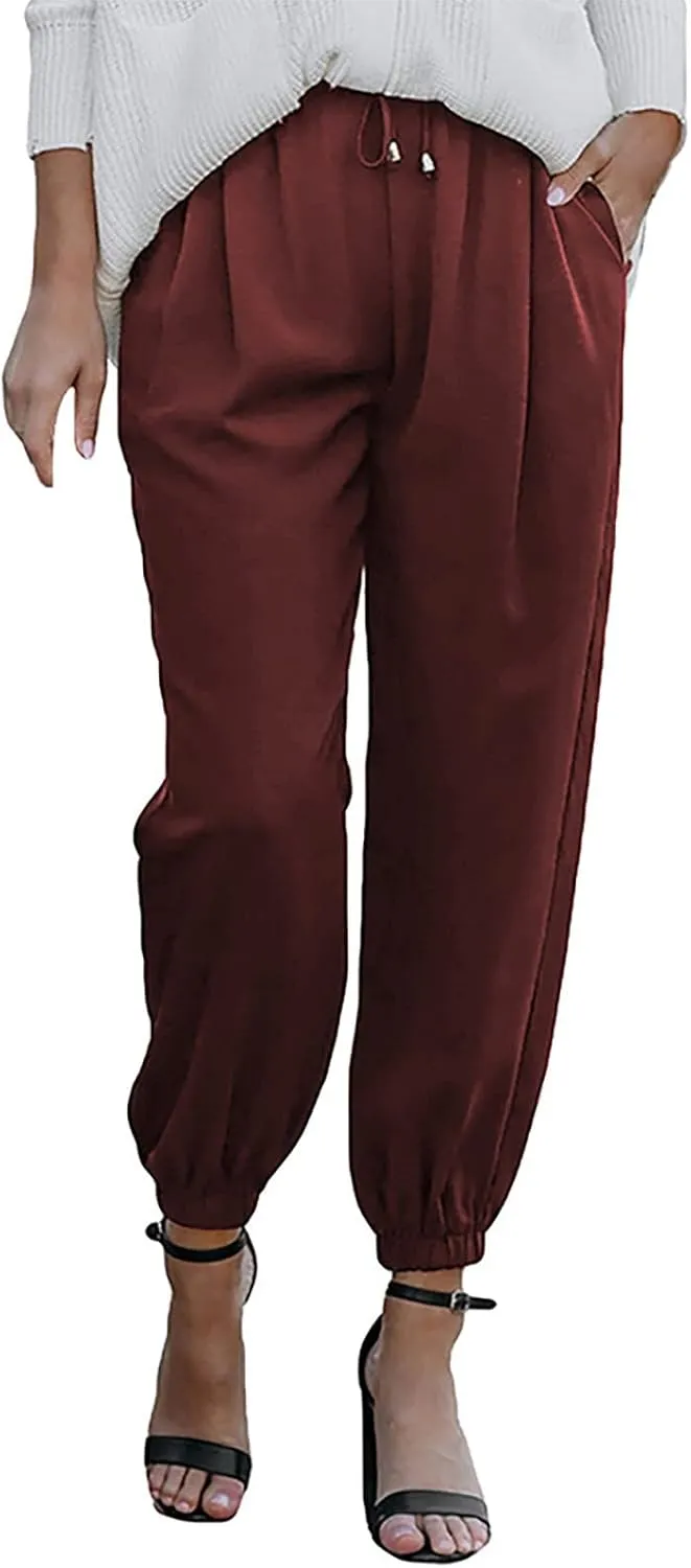 Womens Cotton Linen Summer Loose Flowy Palazzo Pants Elastic Waist Stretchy Loose Fit Trousers Work Business