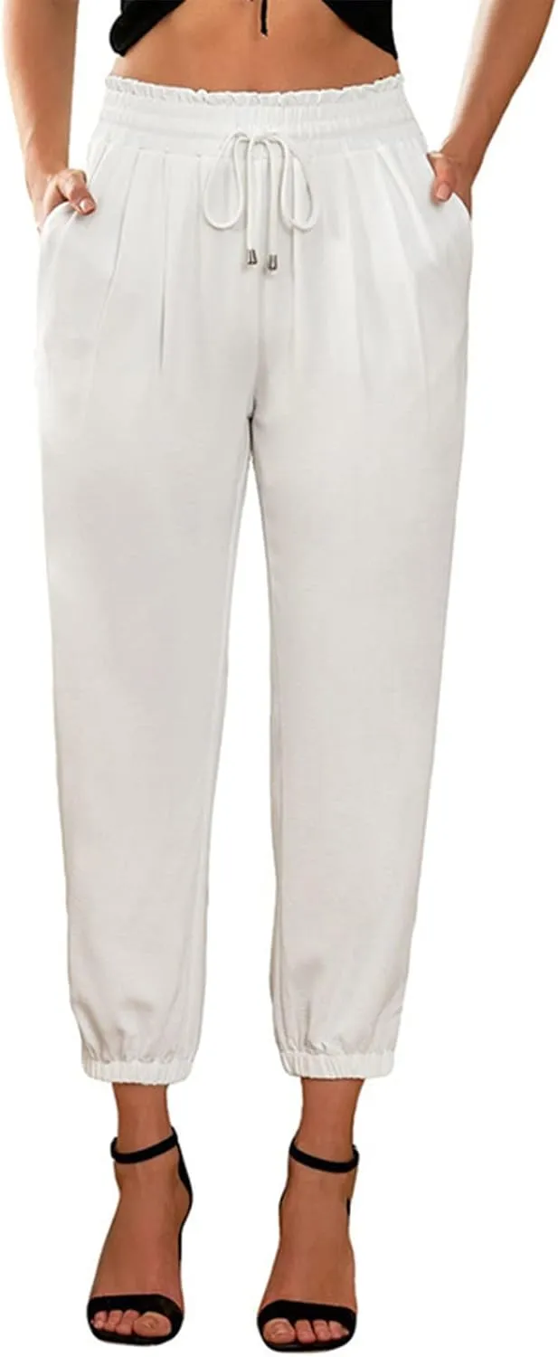 Womens Cotton Linen Summer Loose Flowy Palazzo Pants Elastic Waist Stretchy Loose Fit Trousers Work Business