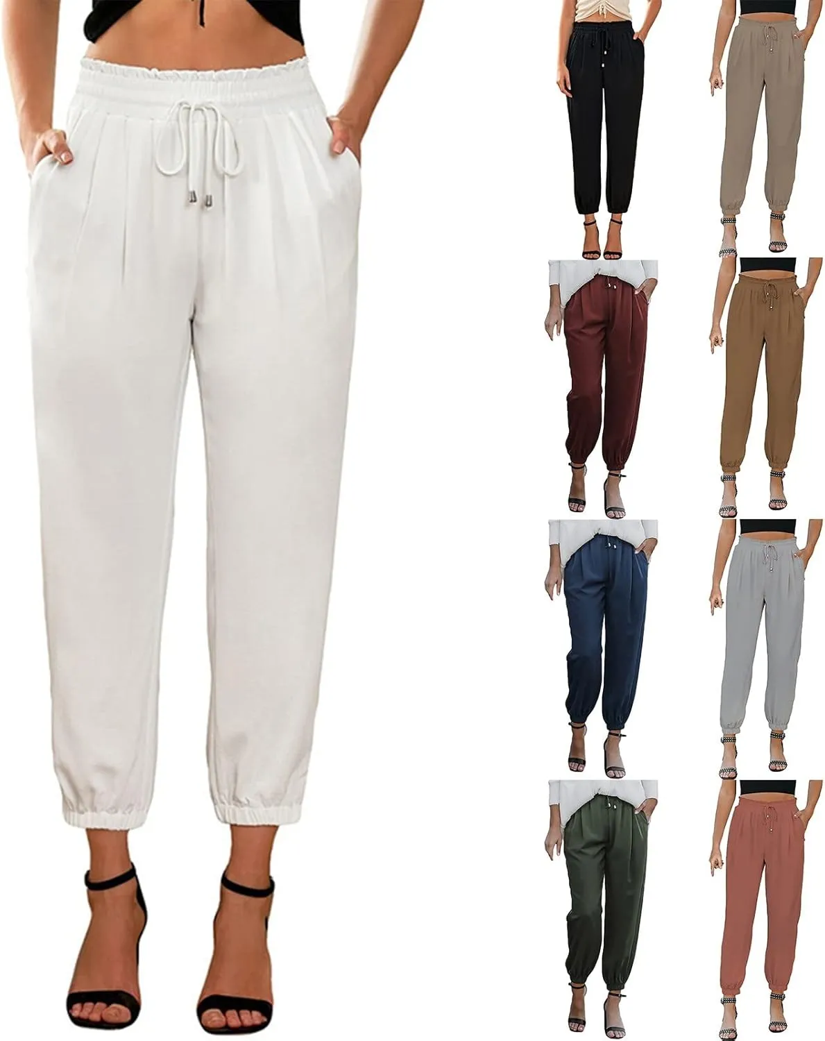 Womens Cotton Linen Summer Loose Flowy Palazzo Pants Elastic Waist Stretchy Loose Fit Trousers Work Business
