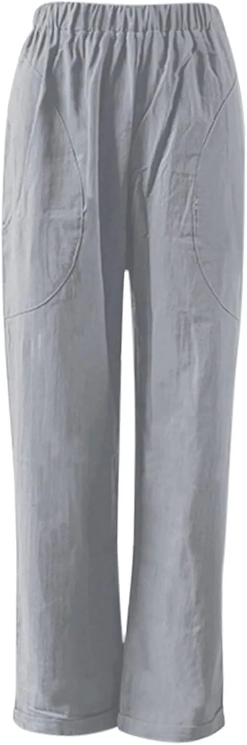 Women's Cotton Linen Summer Palazzo Palazzo Pants Elastic Waisted Bootcut Slim Fit Pants Business Work