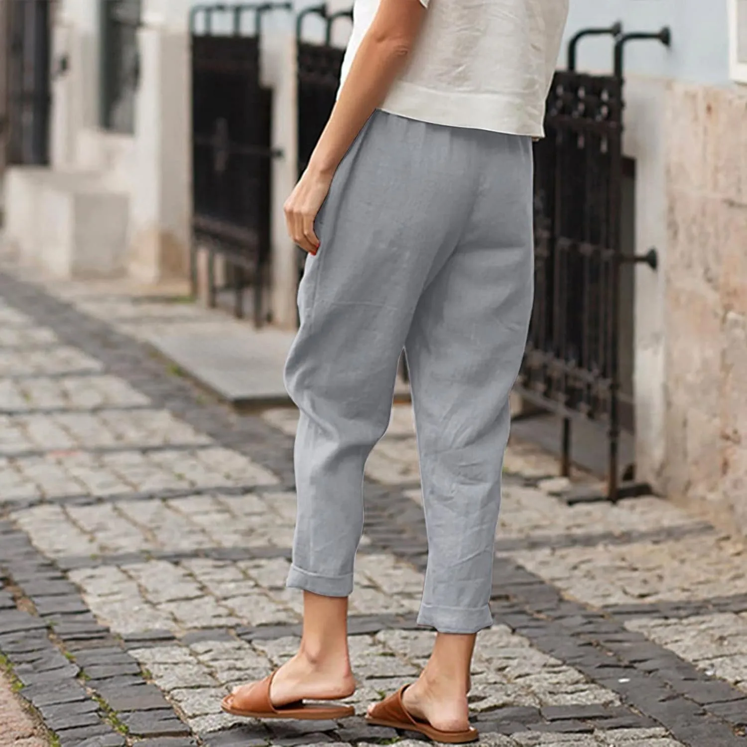 Women's Cotton Linen Summer Palazzo Palazzo Pants Elastic Waisted Bootcut Slim Fit Pants Business Work