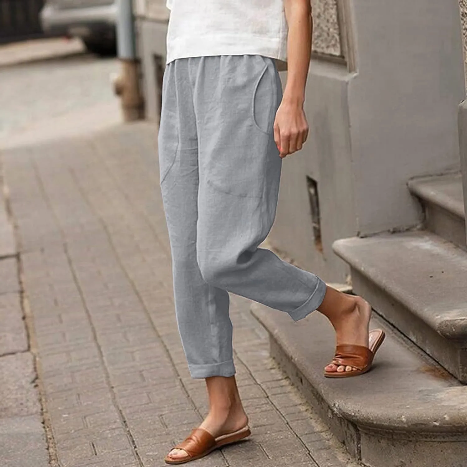 Women's Cotton Linen Summer Palazzo Palazzo Pants Elastic Waisted Bootcut Slim Fit Pants Business Work