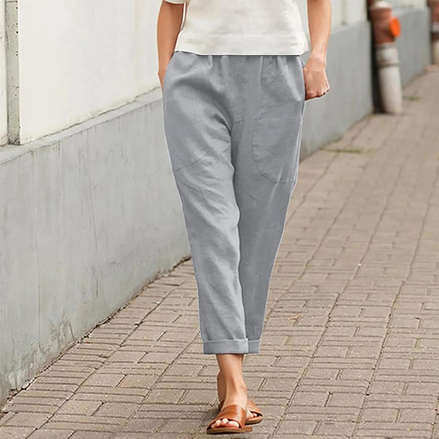 Women's Cotton Linen Summer Palazzo Palazzo Pants Elastic Waisted Bootcut Slim Fit Pants Business Work