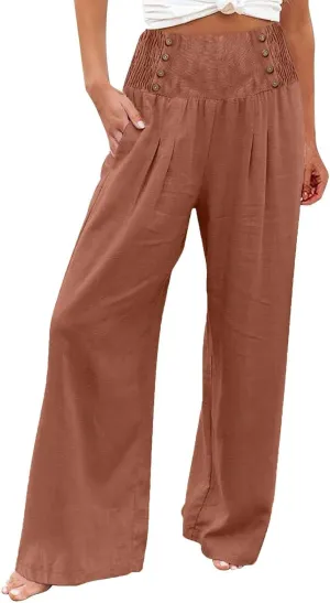Womens Cotton Linen Summer Pull On Pant Trousers High Waist Wide Leg Plus Size Palazzo Pants Office