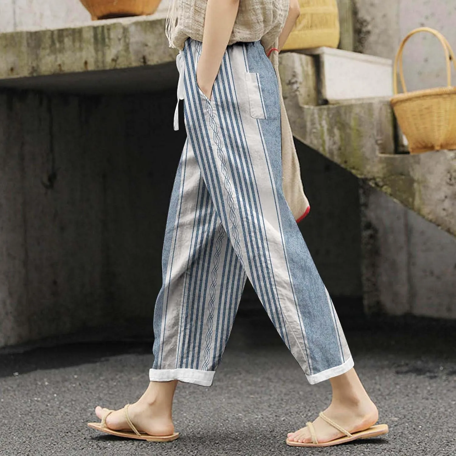 Womens Cotton Linen Summer Solid Palazzo Pants High Waist Lounge Pants Plus Size Pant Trousers Travel