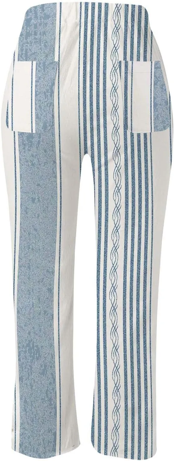 Womens Cotton Linen Summer Solid Palazzo Pants High Waist Lounge Pants Plus Size Pant Trousers Travel