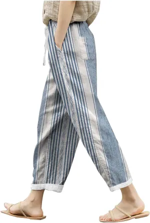 Womens Cotton Linen Summer Solid Palazzo Pants High Waist Lounge Pants Plus Size Pant Trousers Travel