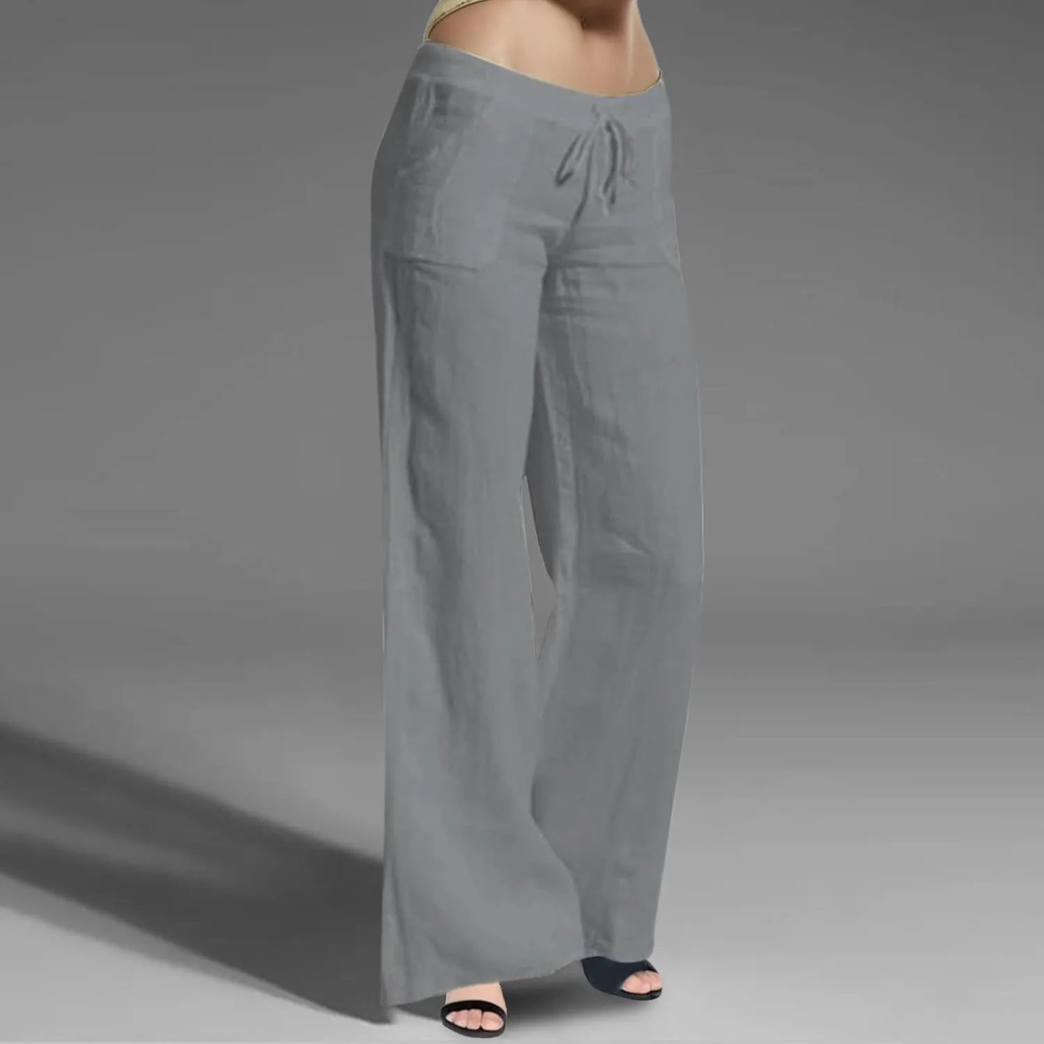Womens Cotton Linen Summer Split Flowy Pants Elastic Waisted Long Lounge Plus Size Palazzo Lounge Pants Travel