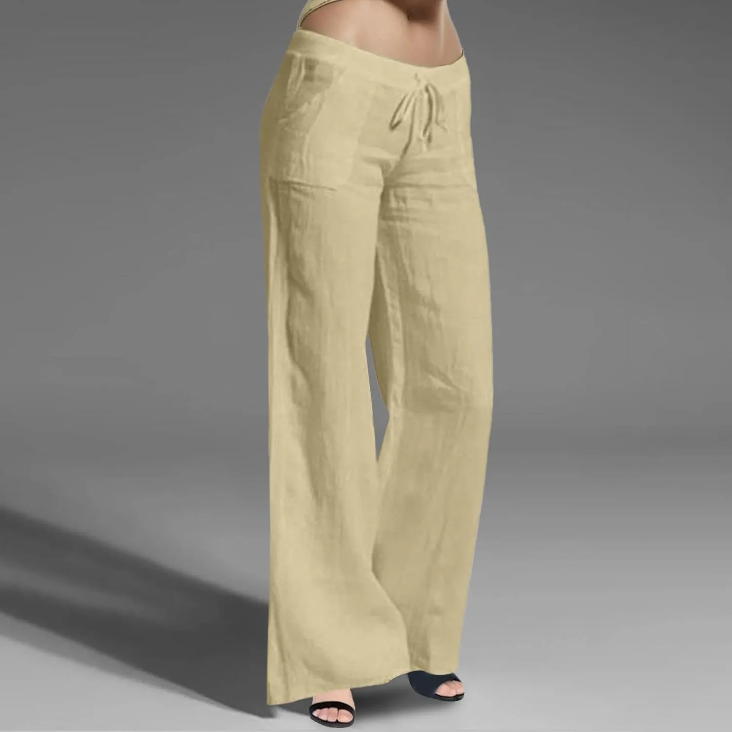 Womens Cotton Linen Summer Split Flowy Pants Elastic Waisted Long Lounge Plus Size Palazzo Lounge Pants Travel