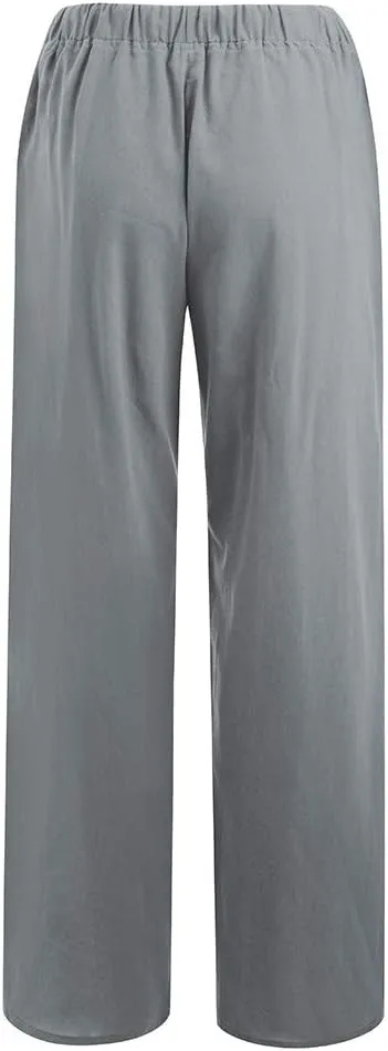 Womens Cotton Linen Summer Split Flowy Pants Elastic Waisted Long Lounge Plus Size Palazzo Lounge Pants Travel