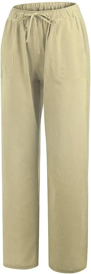 Womens Cotton Linen Summer Split Flowy Pants Elastic Waisted Long Lounge Plus Size Palazzo Lounge Pants Travel