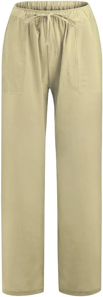 Womens Cotton Linen Summer Split Flowy Pants Elastic Waisted Long Lounge Plus Size Palazzo Lounge Pants Travel
