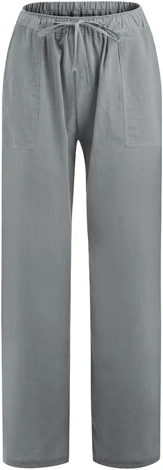 Womens Cotton Linen Summer Split Flowy Pants Elastic Waisted Long Lounge Plus Size Palazzo Lounge Pants Travel