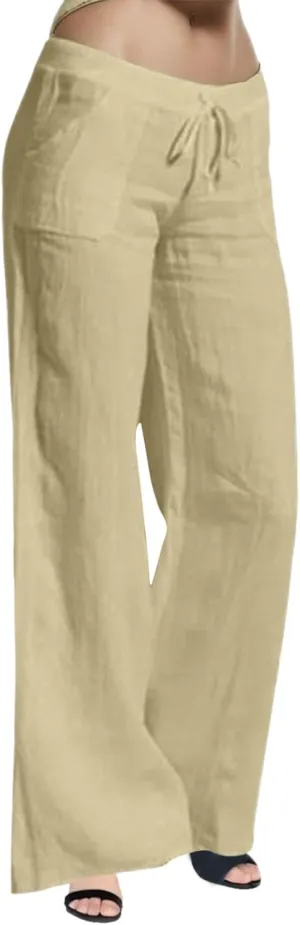 Womens Cotton Linen Summer Split Flowy Pants Elastic Waisted Long Lounge Plus Size Palazzo Lounge Pants Travel