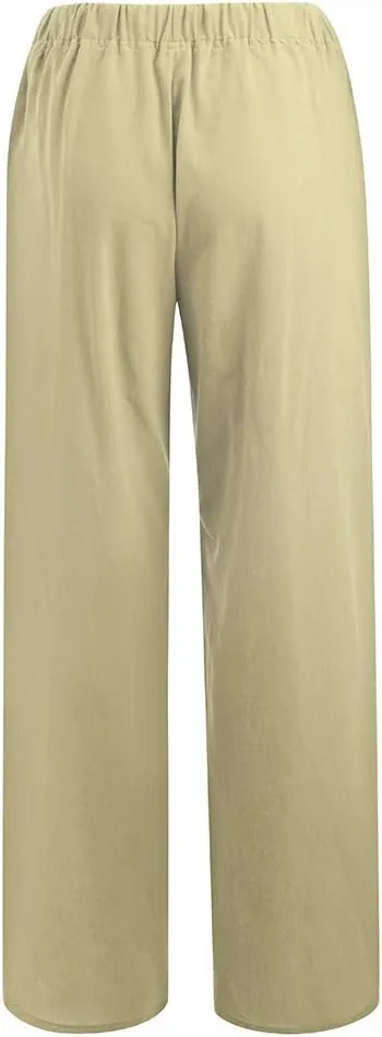 Womens Cotton Linen Summer Split Flowy Pants Elastic Waisted Long Lounge Plus Size Palazzo Lounge Pants Travel
