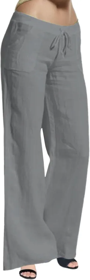 Womens Cotton Linen Summer Split Flowy Pants Elastic Waisted Long Lounge Plus Size Palazzo Lounge Pants Travel