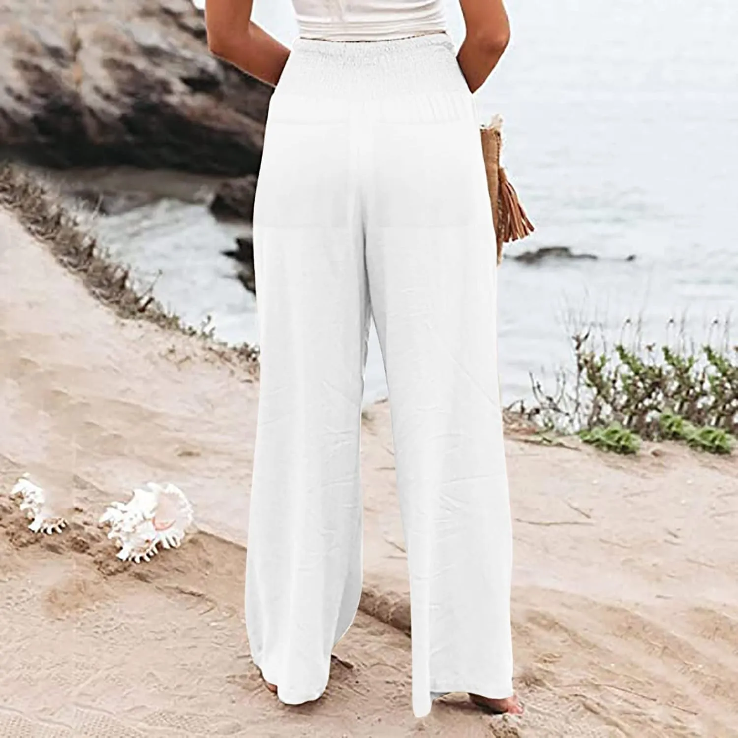 Womens Cotton Linen Summer Y2K Fashion Palazzo Pants Elastic Waist Bootcut Slim Fit Palazzo Lounge Pants Travel