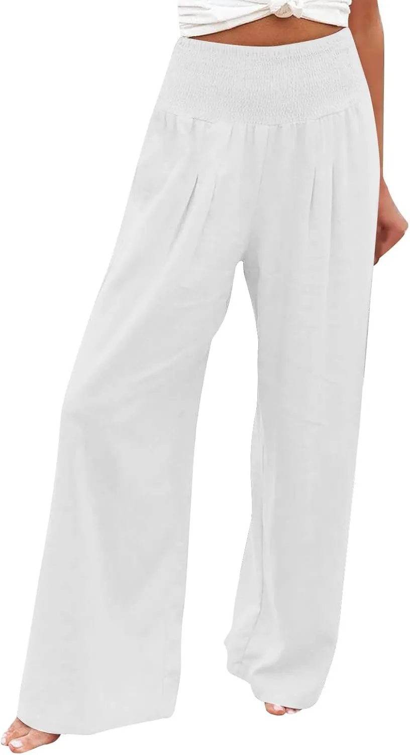 Womens Cotton Linen Summer Y2K Fashion Palazzo Pants Elastic Waist Bootcut Slim Fit Palazzo Lounge Pants Travel