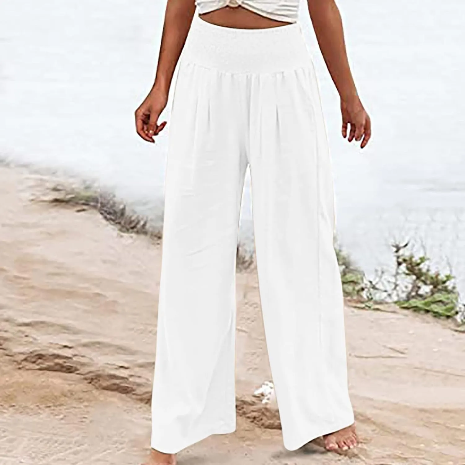 Womens Cotton Linen Summer Y2K Fashion Palazzo Pants Elastic Waist Bootcut Slim Fit Palazzo Lounge Pants Travel