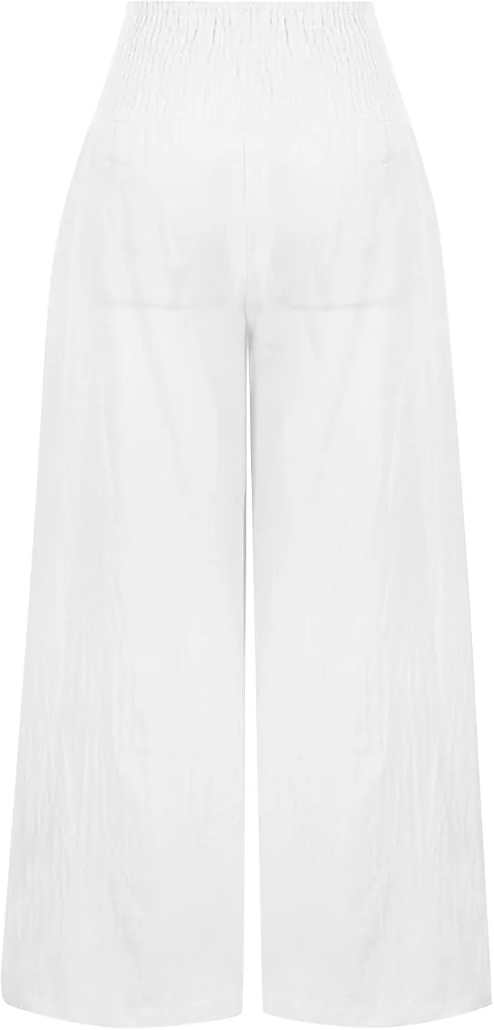 Womens Cotton Linen Summer Y2K Fashion Palazzo Pants Elastic Waist Bootcut Slim Fit Palazzo Lounge Pants Travel