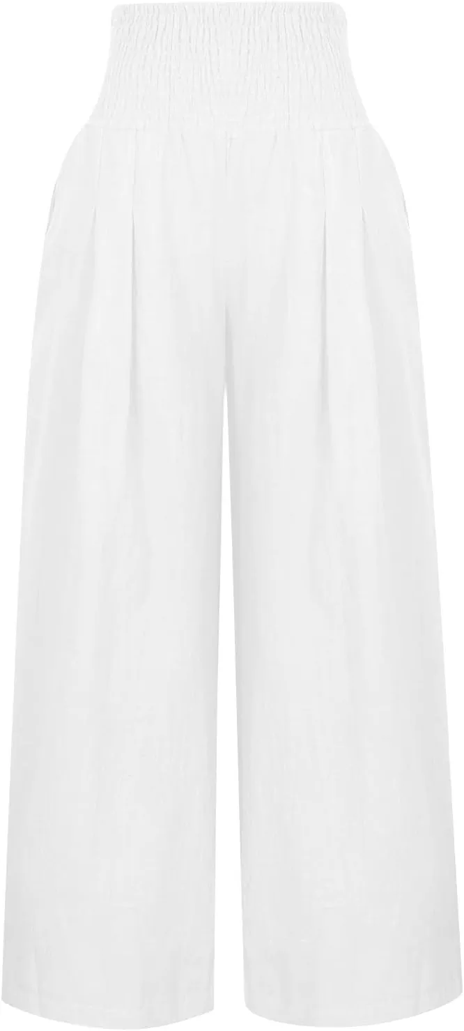Womens Cotton Linen Summer Y2K Fashion Palazzo Pants Elastic Waist Bootcut Slim Fit Palazzo Lounge Pants Travel