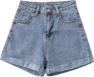 Womens Denim Shorts High Waisted Stretchy Cuffed Jean Shorts Casual Rolled Cuff Cut Off Jeans Short Summer Beach Pants