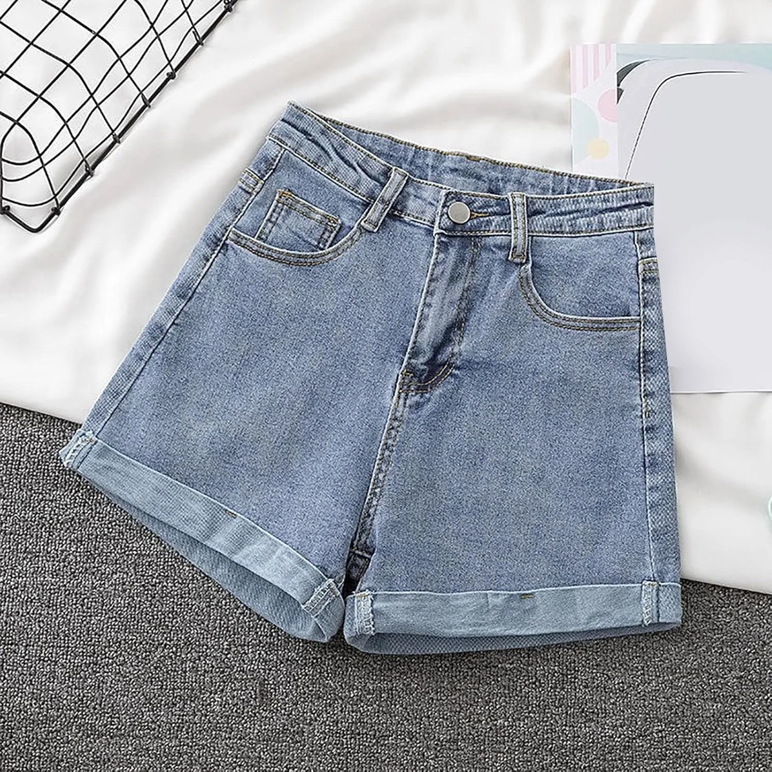 Womens Denim Shorts High Waisted Stretchy Cuffed Jean Shorts Casual Rolled Cuff Cut Off Jeans Short Summer Beach Pants