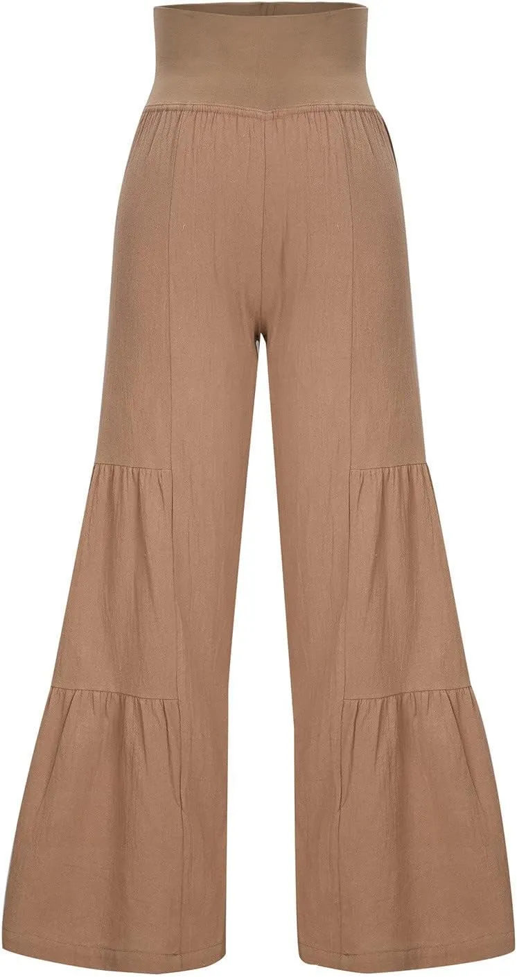 Women's Elastic High Waist Linen Pants Summer Wide Leg Palazzo Pants Boho Loose Fit Casual Flowy Lounge Trousers