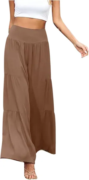 Women's Elastic High Waist Linen Pants Summer Wide Leg Palazzo Pants Boho Loose Fit Casual Flowy Lounge Trousers