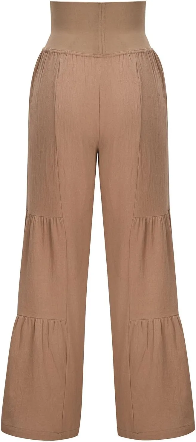 Women's Elastic High Waist Linen Pants Summer Wide Leg Palazzo Pants Boho Loose Fit Casual Flowy Lounge Trousers