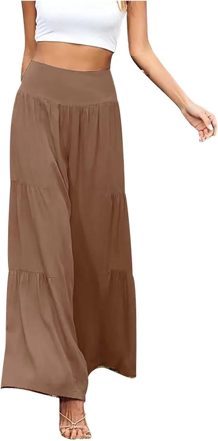Women's Elastic High Waist Linen Pants Summer Wide Leg Palazzo Pants Boho Loose Fit Casual Flowy Lounge Trousers