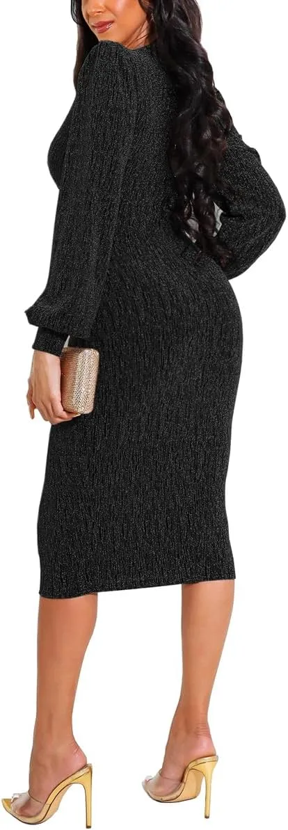 Women's Elegant Bodycon Long Dresses Deep V Neck Long Sleeves Club Night Party Midi Dress