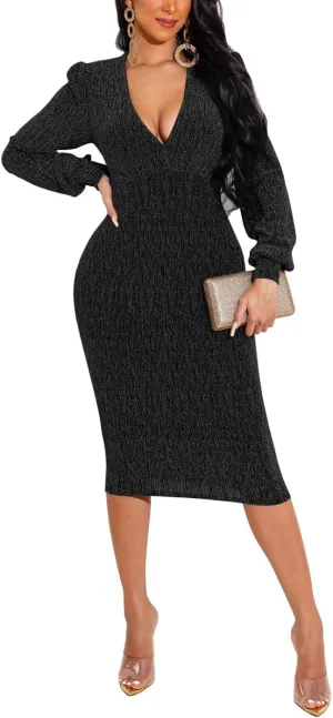 Women's Elegant Bodycon Long Dresses Deep V Neck Long Sleeves Club Night Party Midi Dress