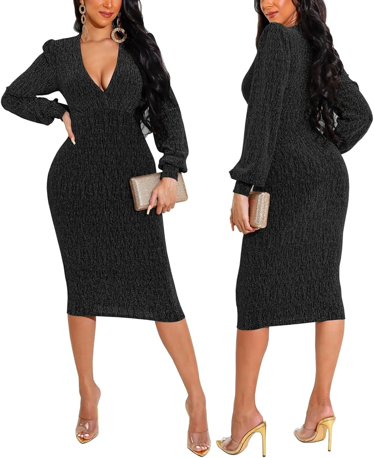 Women's Elegant Bodycon Long Dresses Deep V Neck Long Sleeves Club Night Party Midi Dress