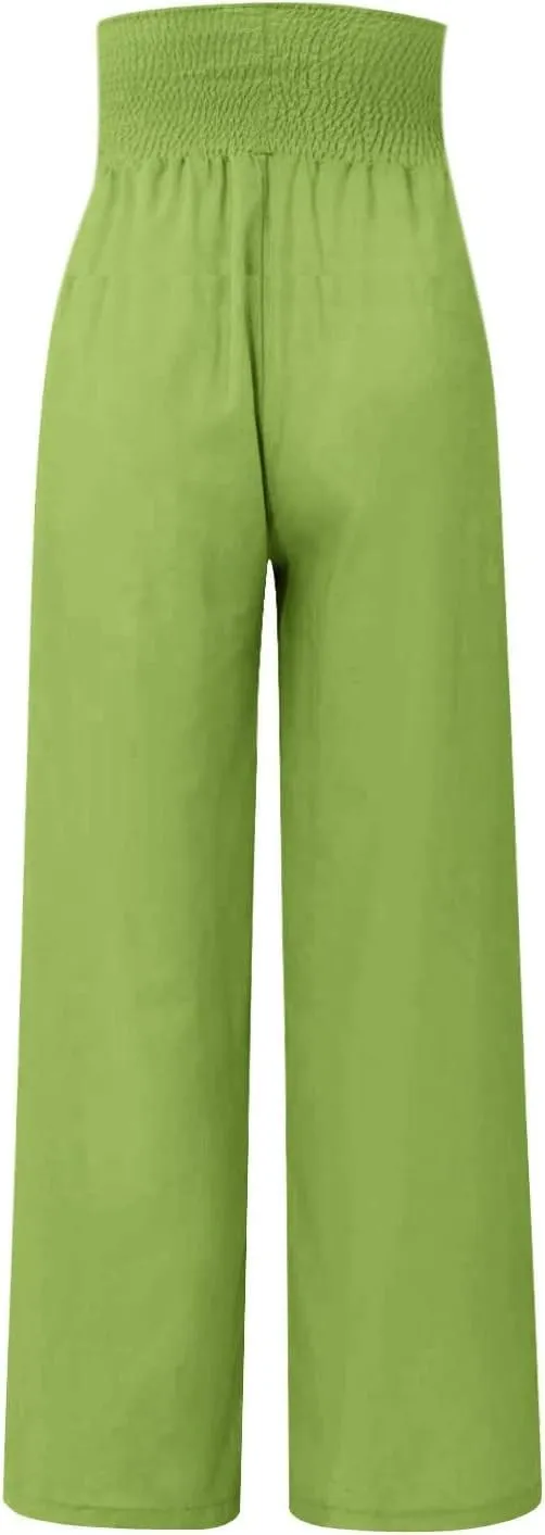 Women's Fashion High Waist Casual Bow Tie Pants Casual Palazzo Long Trousers Summer Beach Linen Pant with Pocket