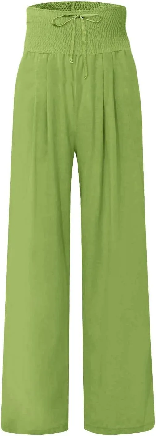 Women's Fashion High Waist Casual Bow Tie Pants Casual Palazzo Long Trousers Summer Beach Linen Pant with Pocket