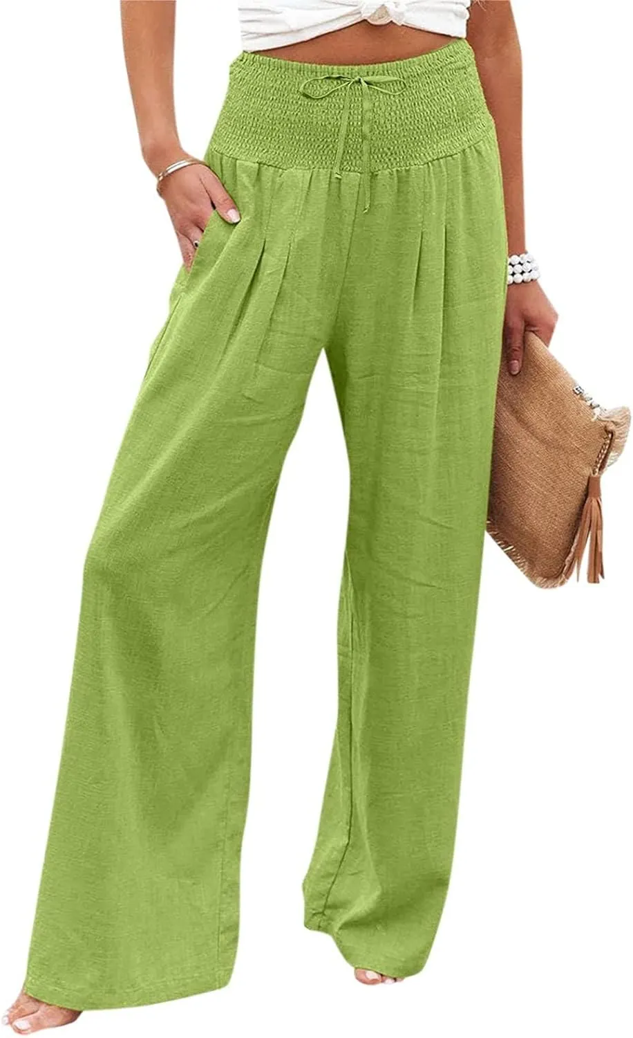 Women's Fashion High Waist Casual Bow Tie Pants Casual Palazzo Long Trousers Summer Beach Linen Pant with Pocket