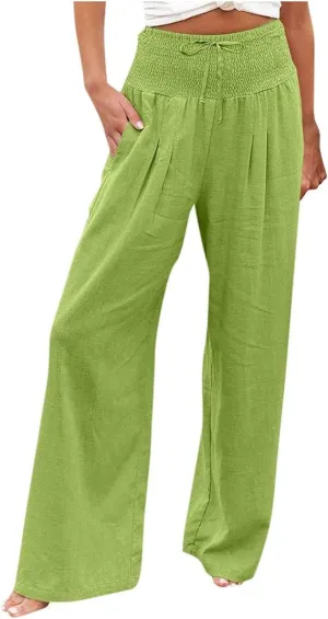 Women's Fashion High Waist Casual Bow Tie Pants Casual Palazzo Long Trousers Summer Beach Linen Pant with Pocket